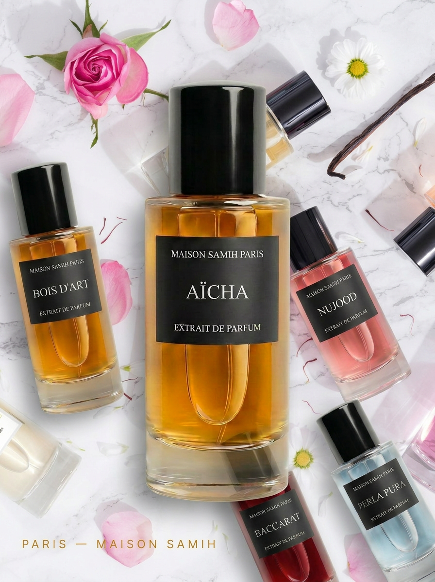 Flatlay des extraits de parfum Maison Samih Paris sur marbre avec roses et vanille